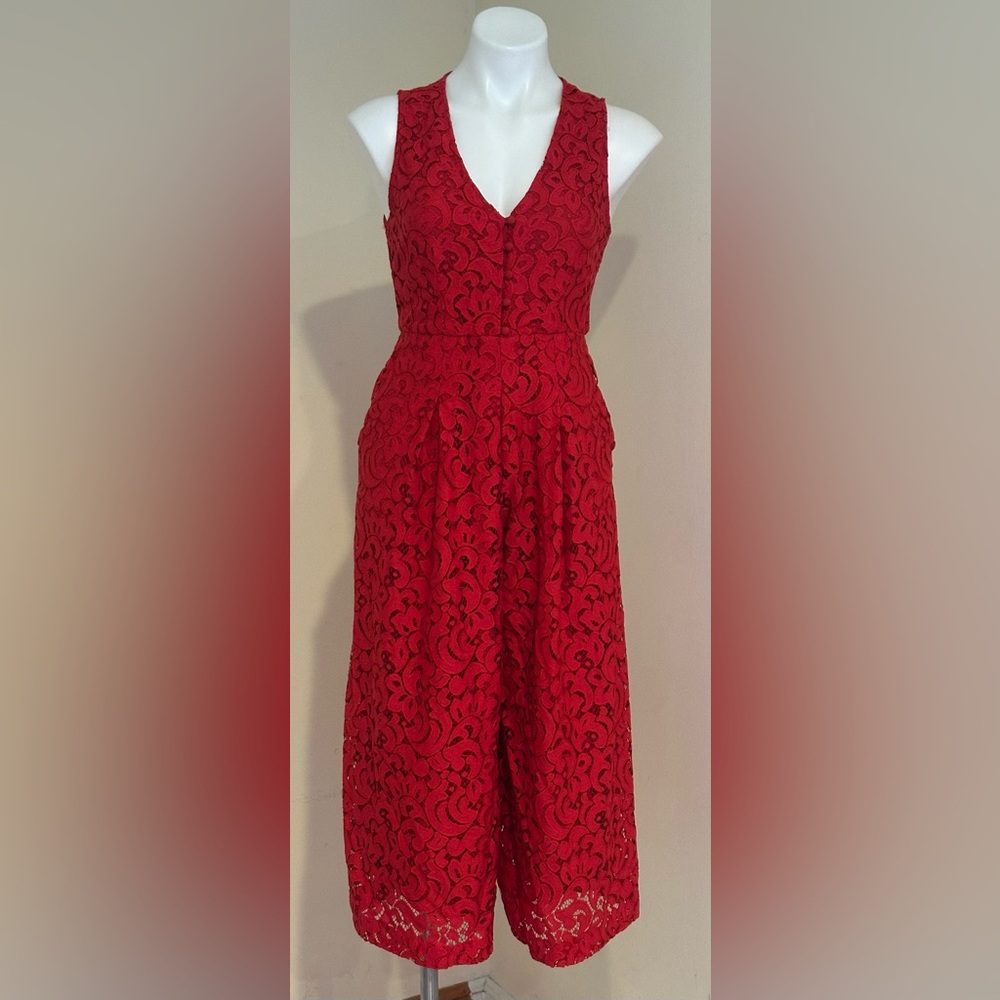 Moulinette Soeurs Anthropologie Jaeda Red Lace Wide Leg Jumpsuit Sz.2. & Pockets